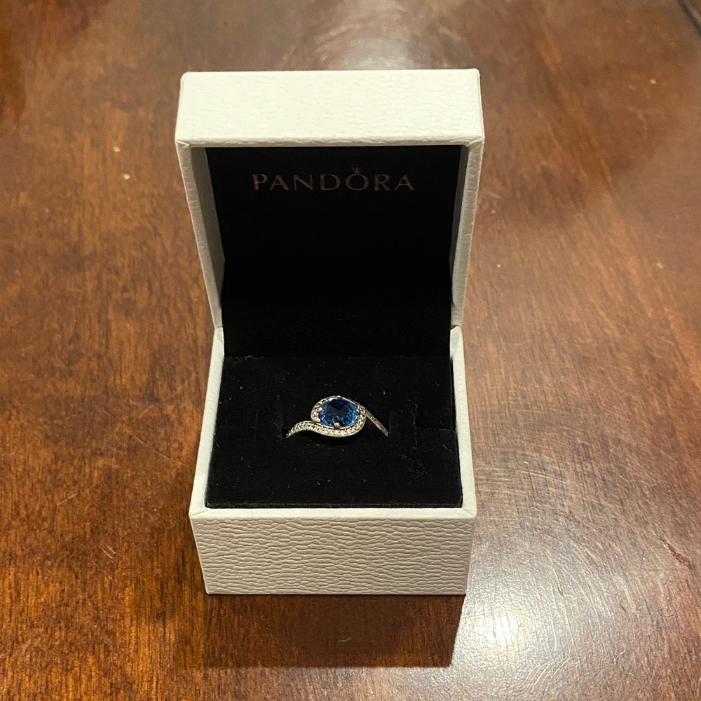 Pandora Silver Ring with Deep Blue Gem